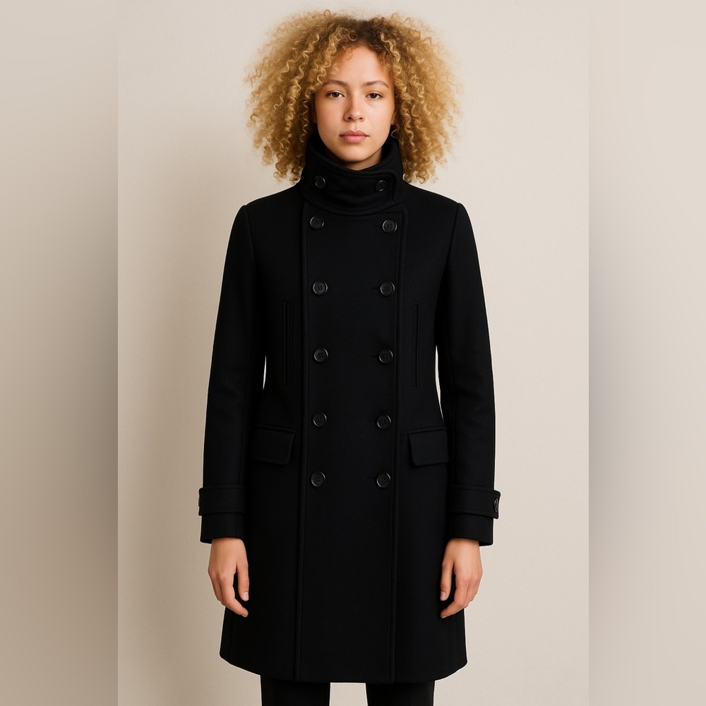 THEORY | Black Double-Breasted Size S Classic Minimalist Luxury Wool Overcoat